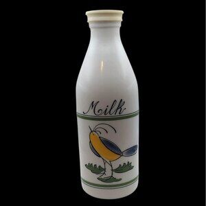 Vintage Egizia White Glass Milk Bottle Handpainted Bird Rubber Cap Italy